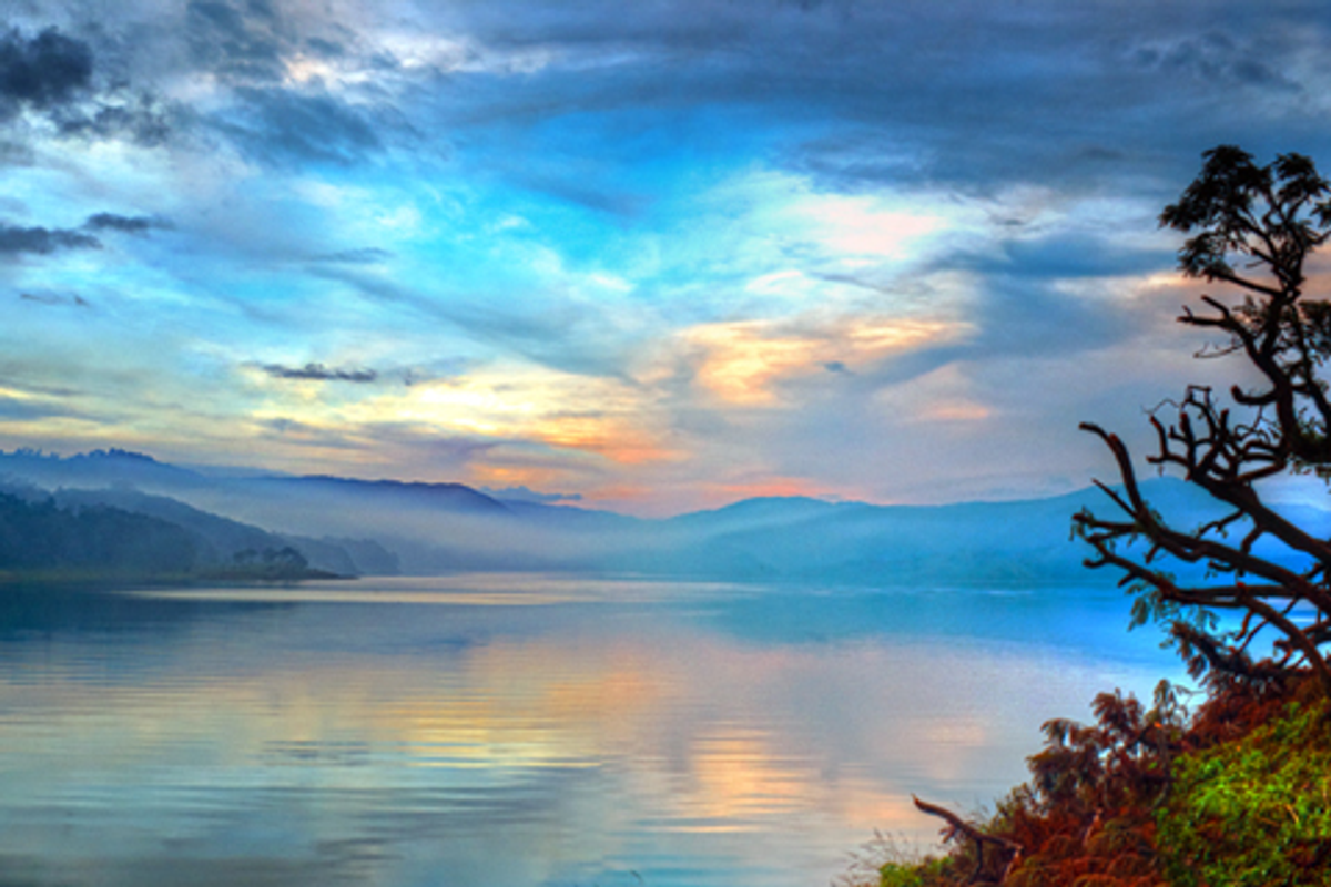 Panoramic view of Umiam Lake in Meghalaya surrounded by thick pine forests.