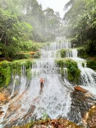 Lush multi-tiered waterfall in a green meghalaya forest.