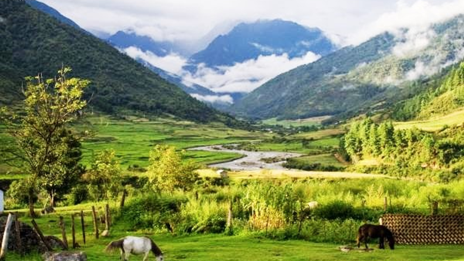 Panoramic view of Mechuka Valley in Arunachal Pradesh with snow-capped mountains, lush green valley, Yargyap Chu river, and traditional tribal houses