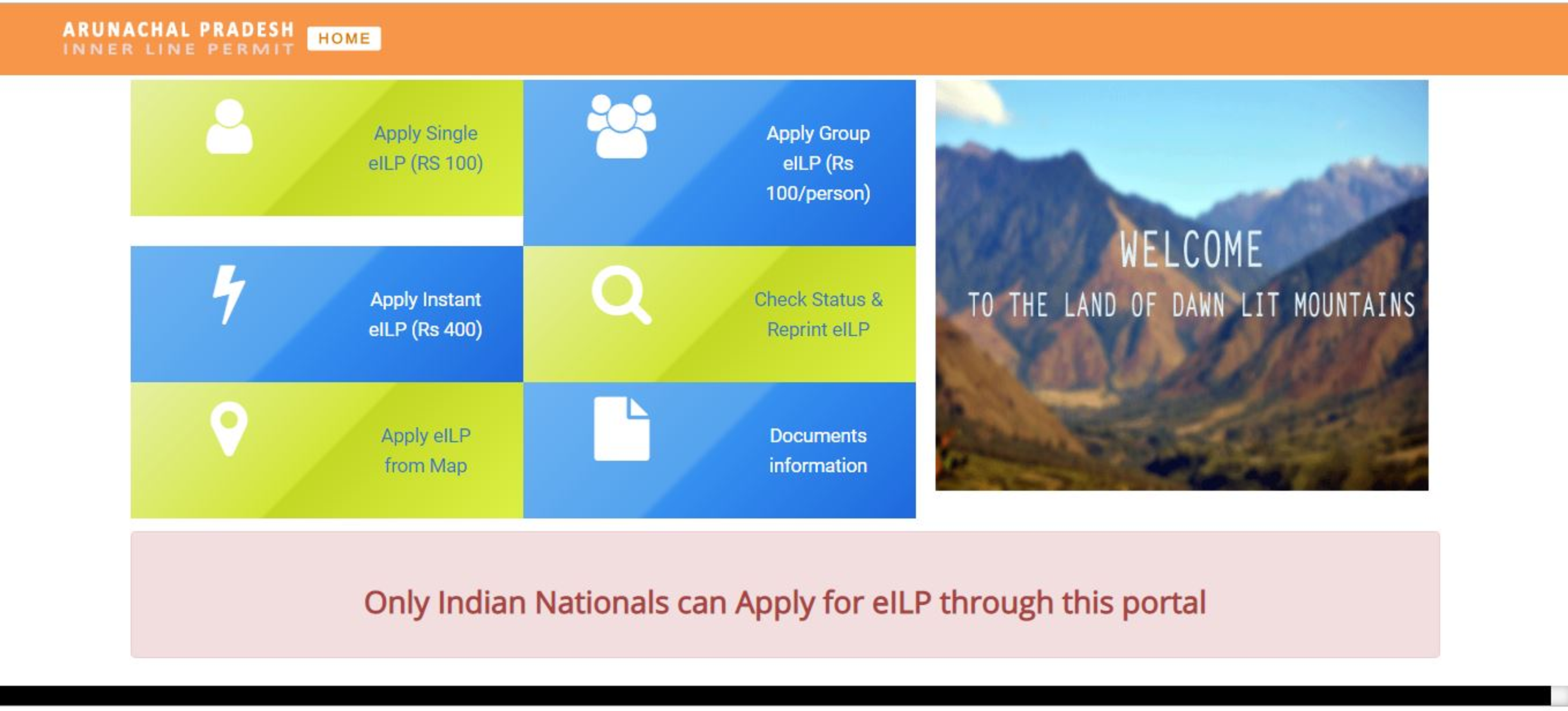 Official Arunachal Pradesh Inner Line Permit (ILP) online application portal interface for domestic tourists.