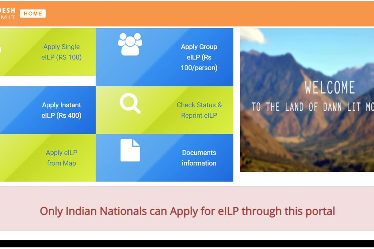 Official Arunachal Pradesh Inner Line Permit (ILP) online application portal interface for domestic tourists.