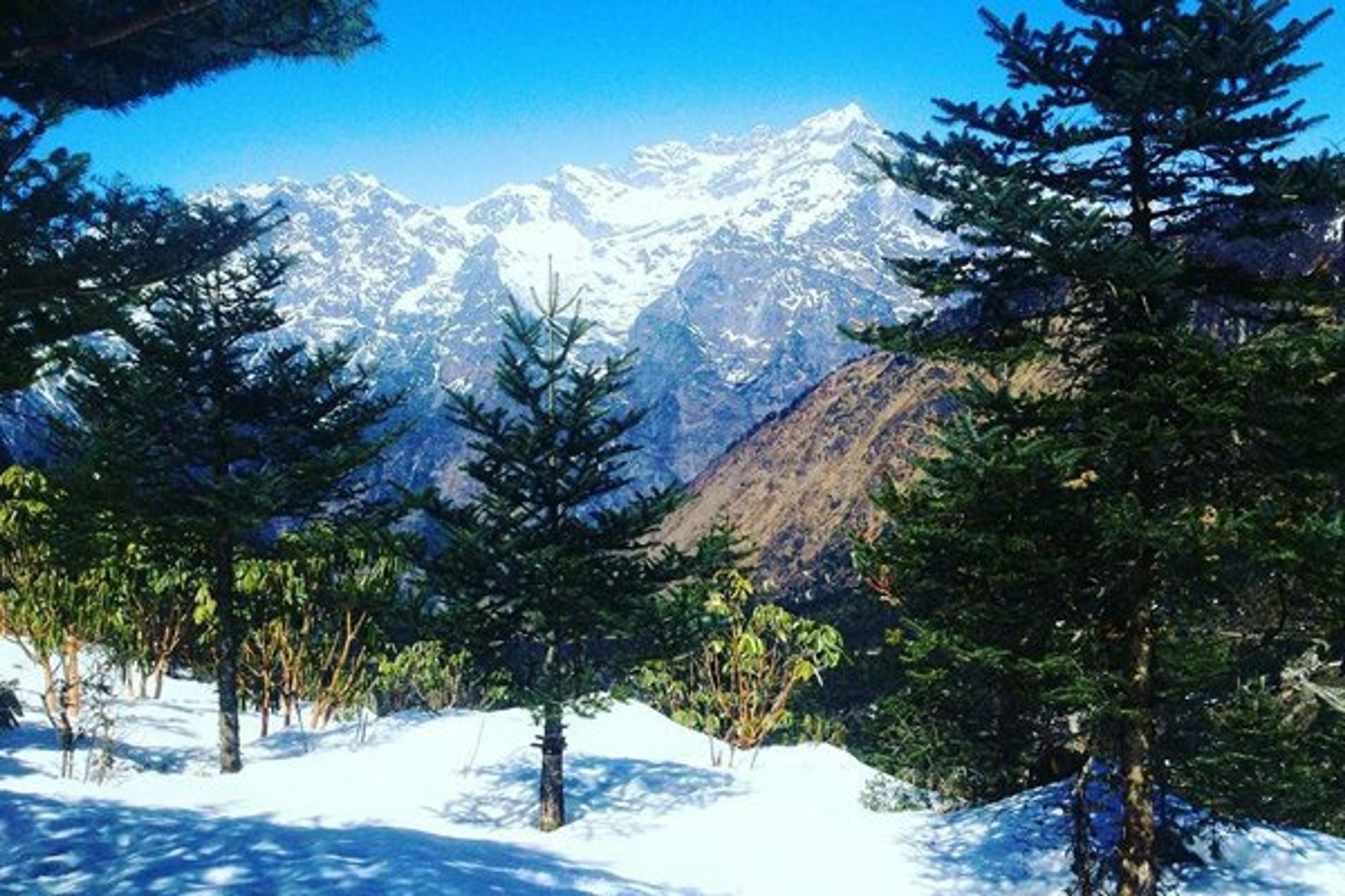 Snow-covered mountain peak of Mt. Katao near the Indo-China border in Lachung.