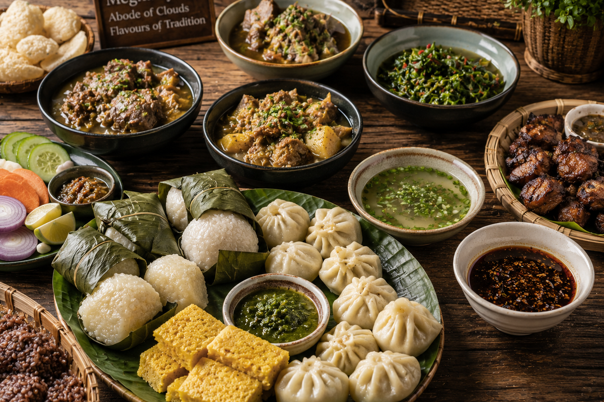 "A diverse spread of Meghalayan food on a wooden table, featuring both traditional stews and kid-friendly steamed snacks."