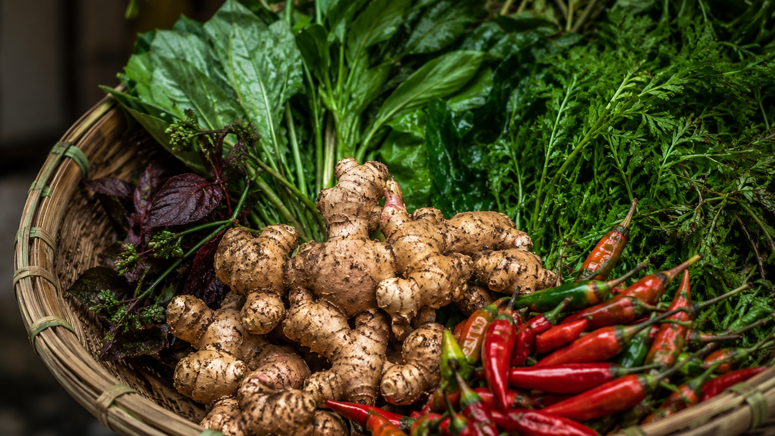 "A cinematic close-up of a traditional Khasi conical bamboo basket filled with fresh organic ginger, chilis, and wild forest greens in Shillong."