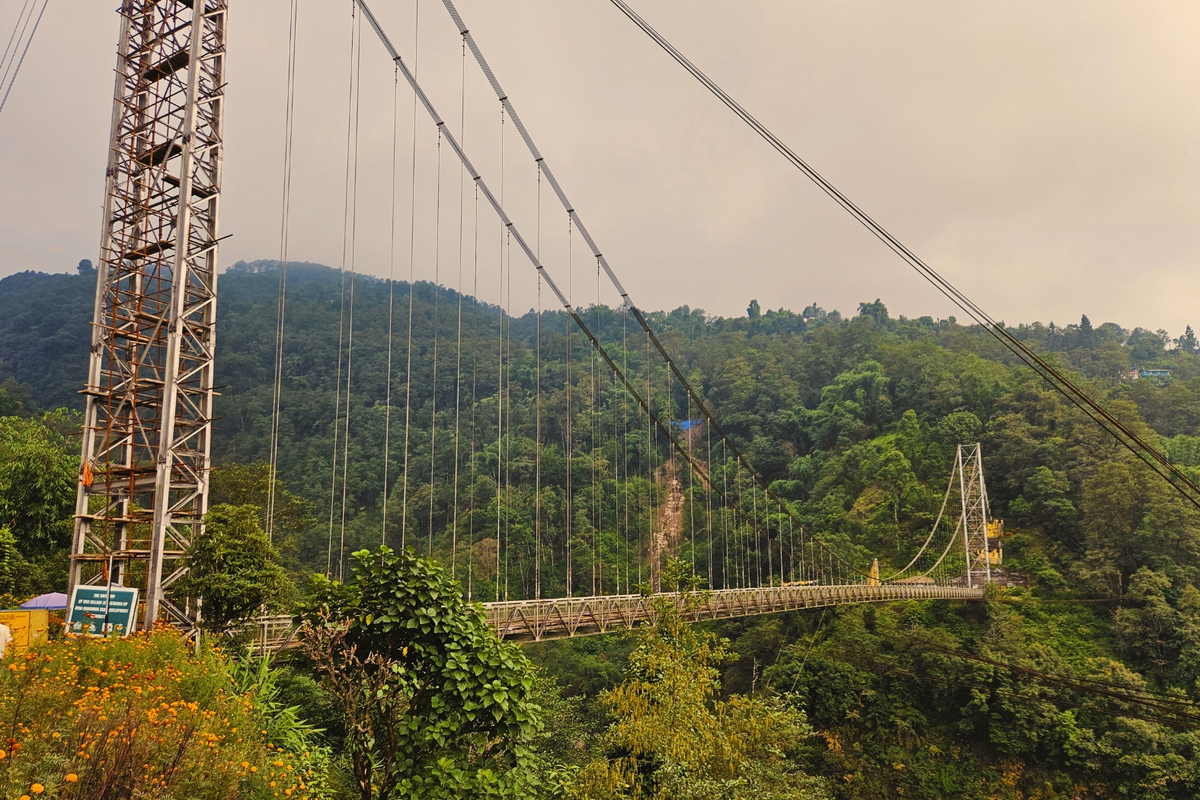 Singshore Bridge Pelling highest suspension bridge in Sikkim spanning across a deep forested gorge.