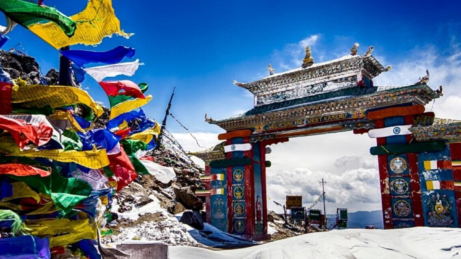 Colorful Tawang Gate entrance at Sela Pass, the gateway to Tawang Arunachal Pradesh, featuring traditional Monpa architectural designs.
