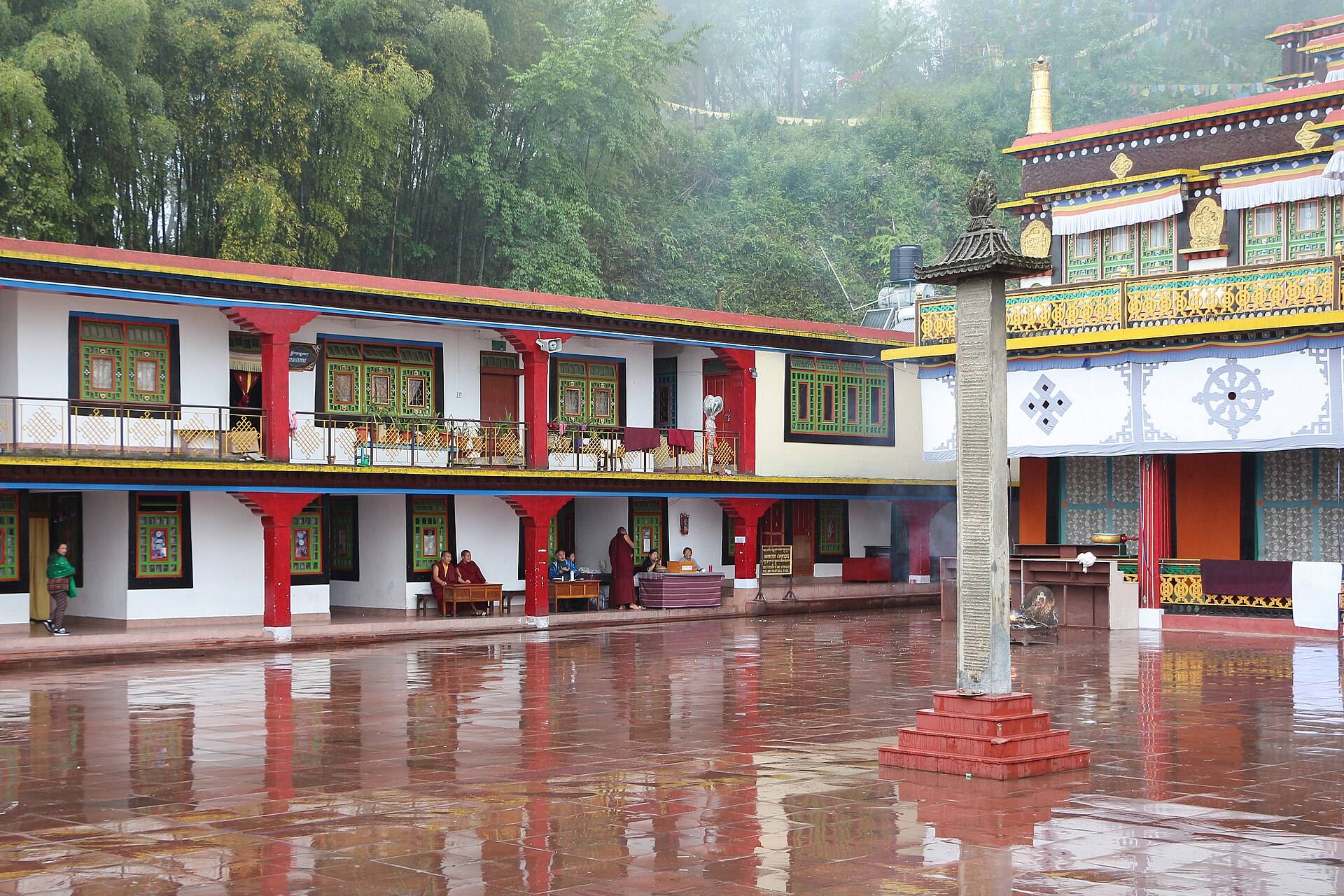 The courtyard of Rumtek Monastery near Gangtok, wet after rain