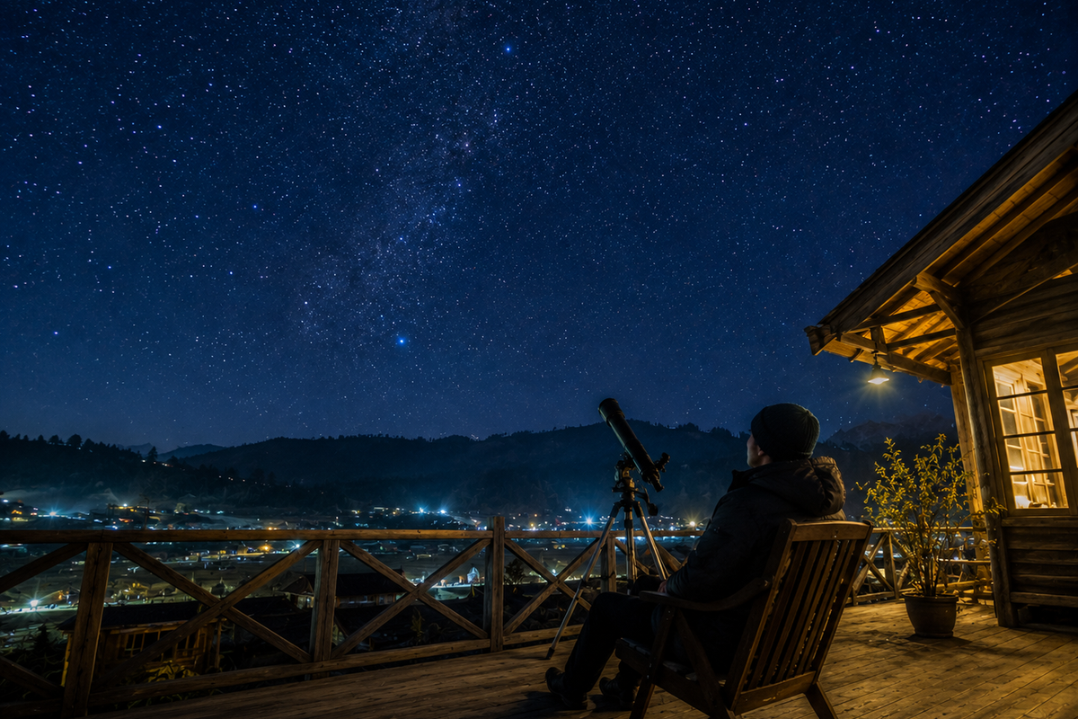"A traveler sitting on a wooden deck with a telescope under a brilliant starry sky at a homestay in Ziro."