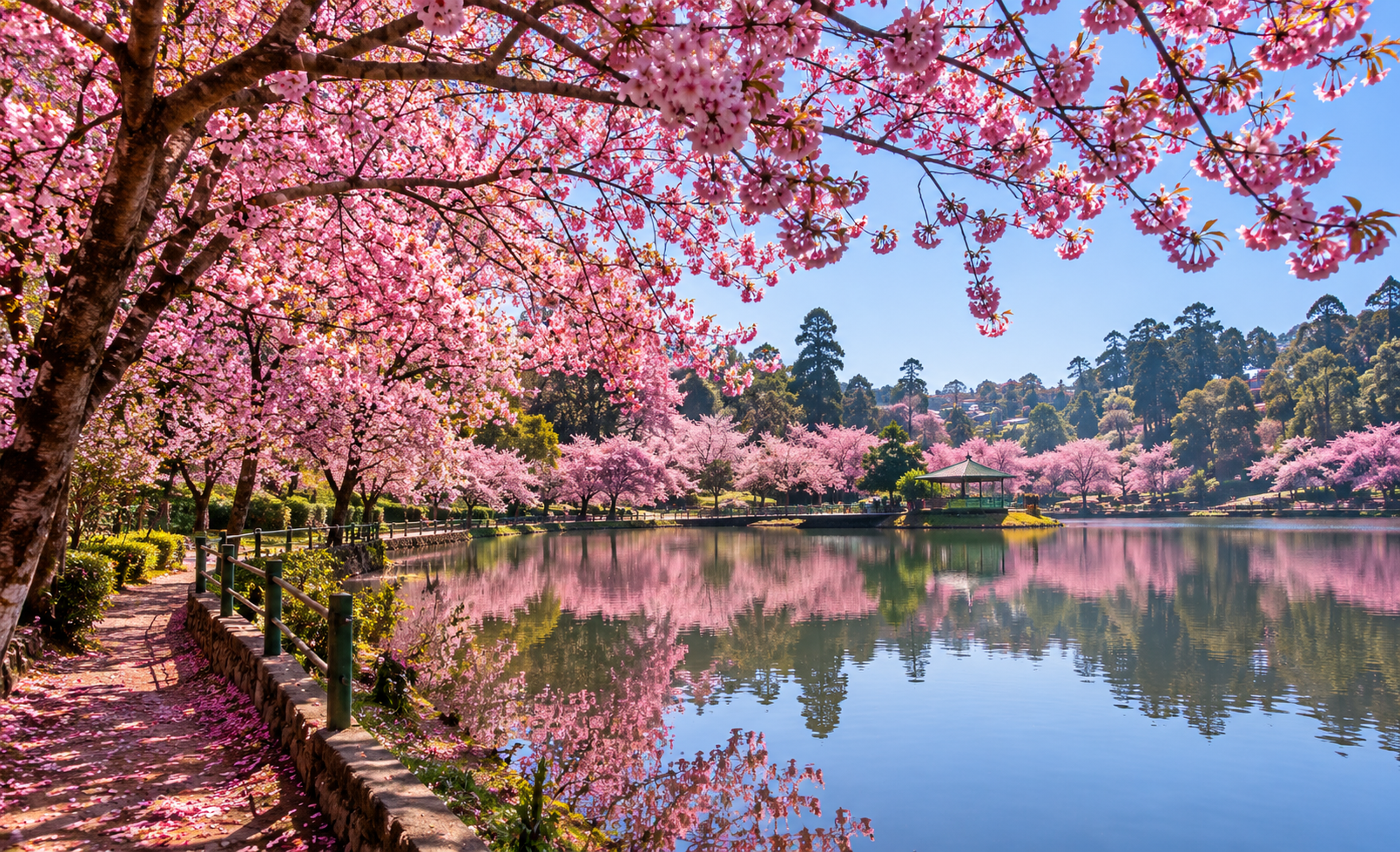Pink Himalayan cherry blossom trees reflected in Ward's Lake in Shillong on a clear November morning