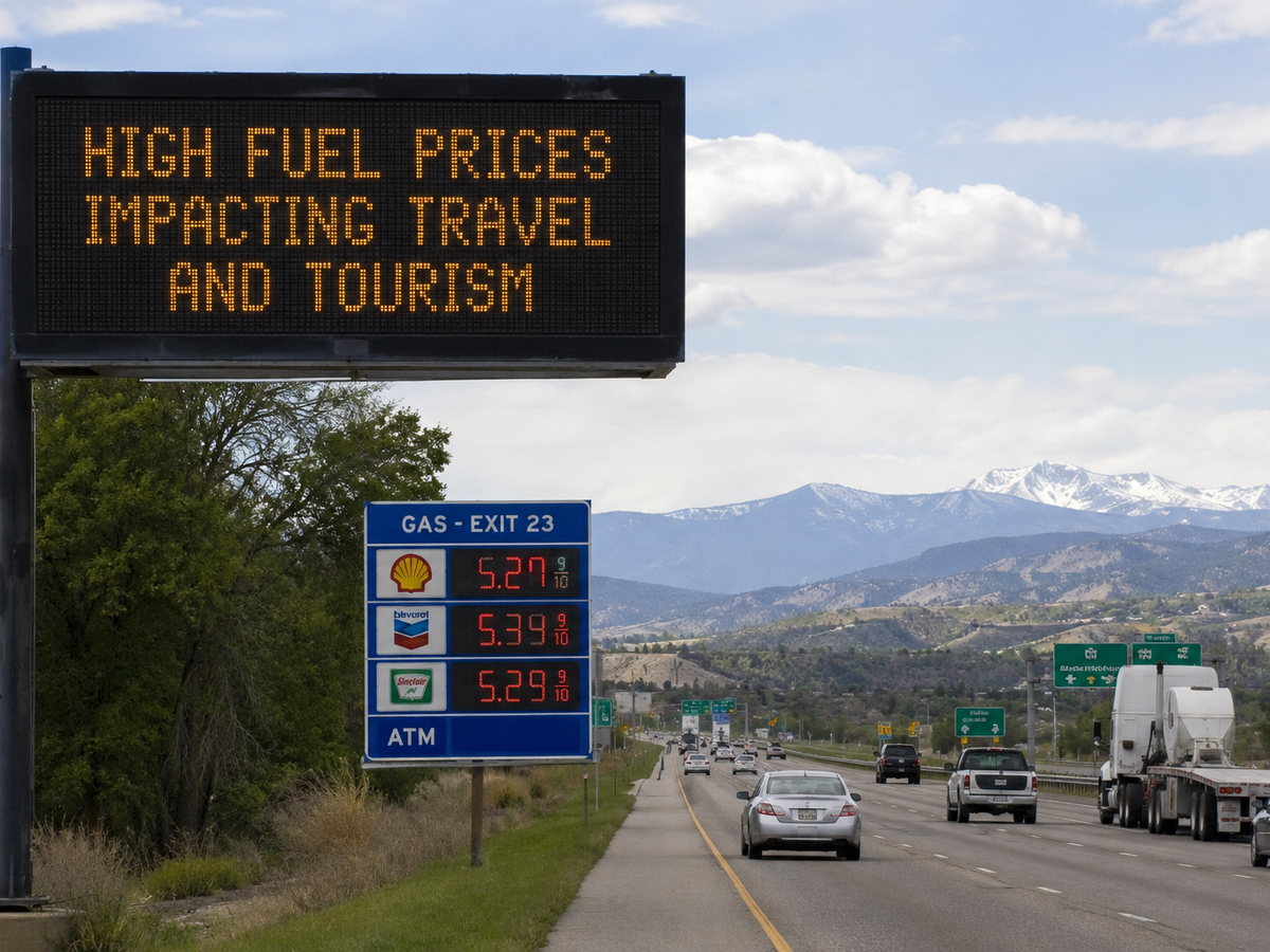 A highway scene showing the impact of rising fuel prices on travel and tourism