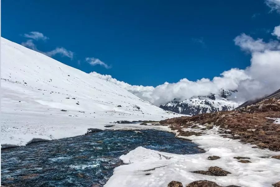 High-altitude nival landscape of Zero Point (Yumesamdong) in North Sikkim featuring perennial snow and mountain ridges.