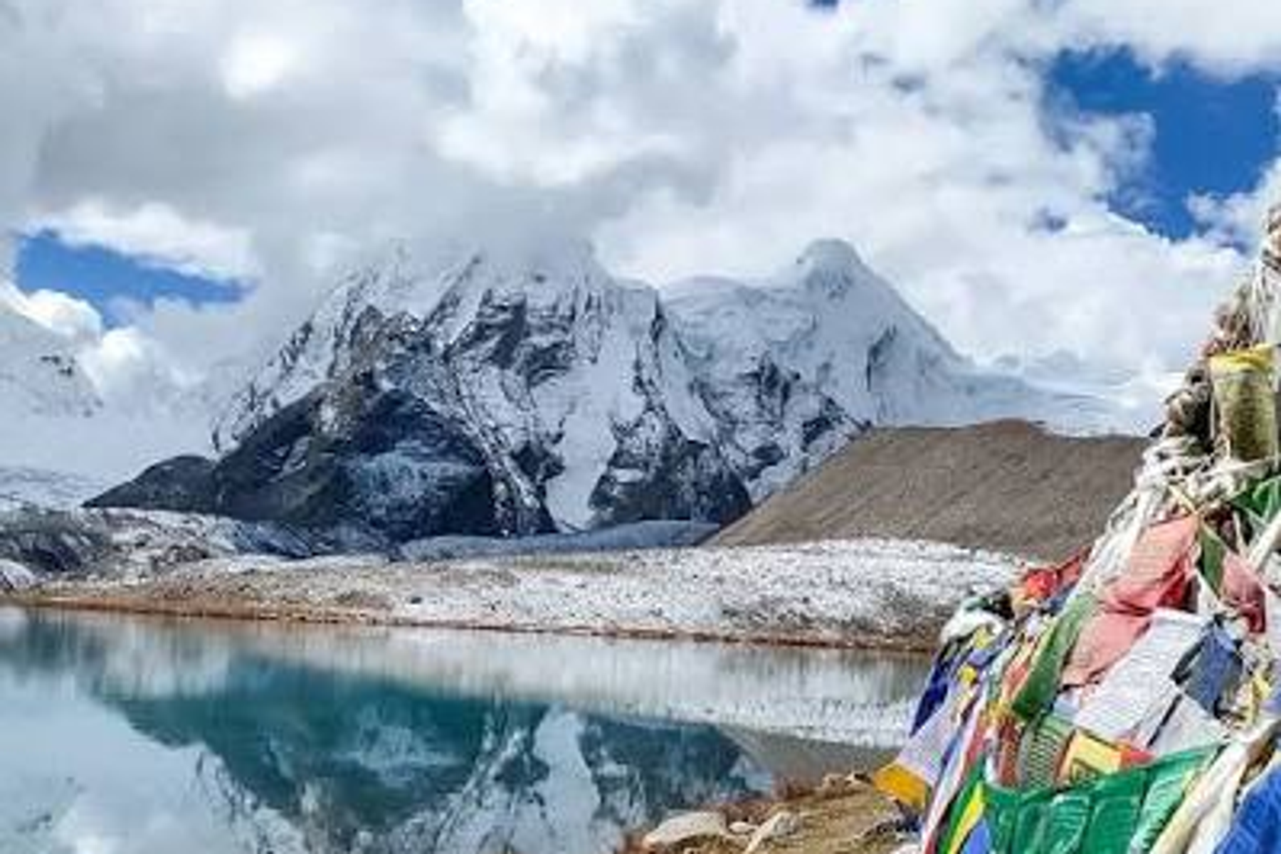 Gurudongmar Lake in North Sikkim with snow-capped peaks behind