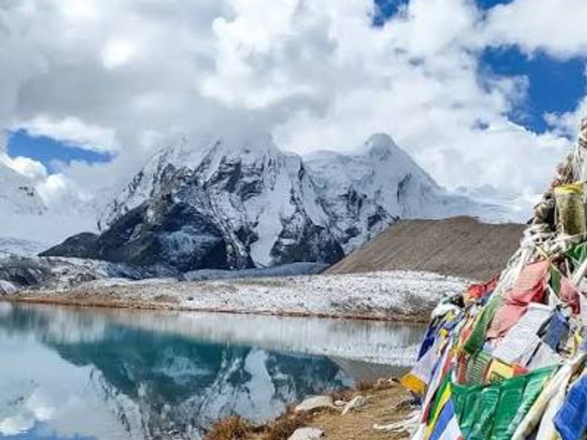 Gurudongmar Lake in North Sikkim with snow-capped peaks behind