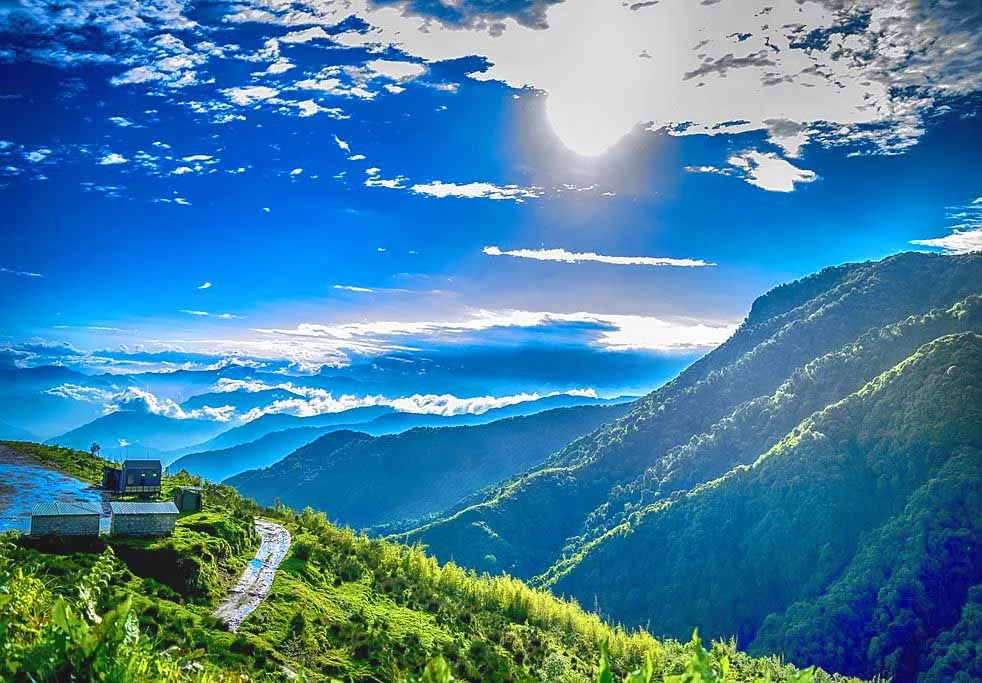 "A high-authority split-style or panoramic image comparing the snowy, jagged peaks of North Sikkim with the lush, rolling green tea gardens of South Sikkim."