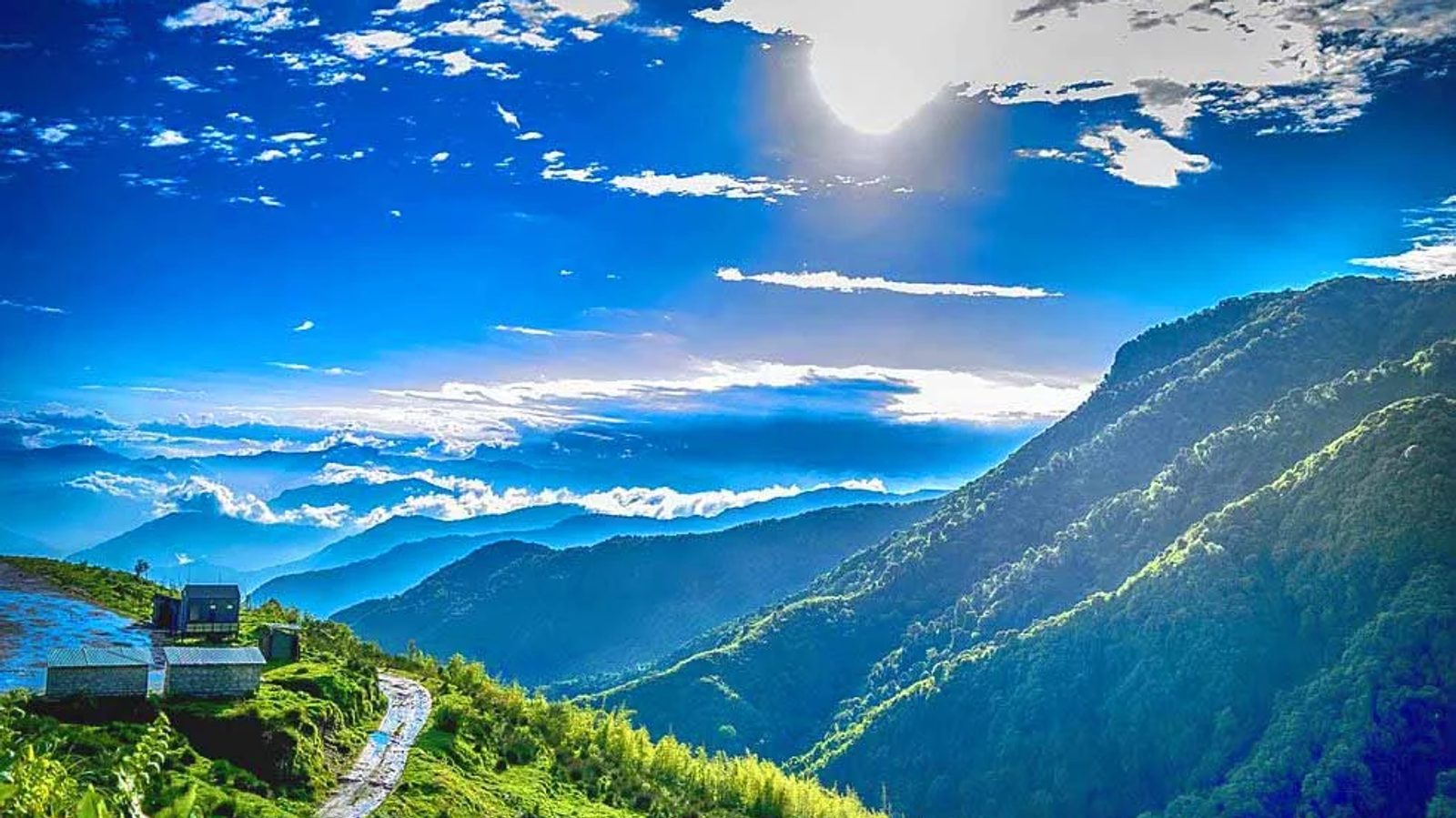 "A high-authority split-style or panoramic image comparing the snowy, jagged peaks of North Sikkim with the lush, rolling green tea gardens of South Sikkim."