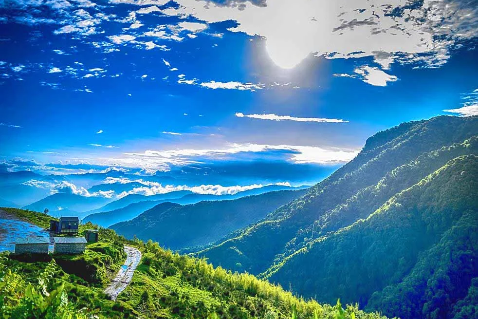 "A high-authority split-style or panoramic image comparing the snowy, jagged peaks of North Sikkim with the lush, rolling green tea gardens of South Sikkim."