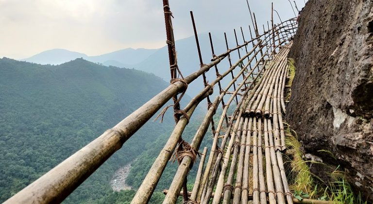 Mawryngkhang bamboo trek Meghalaya scary cliffside trail view