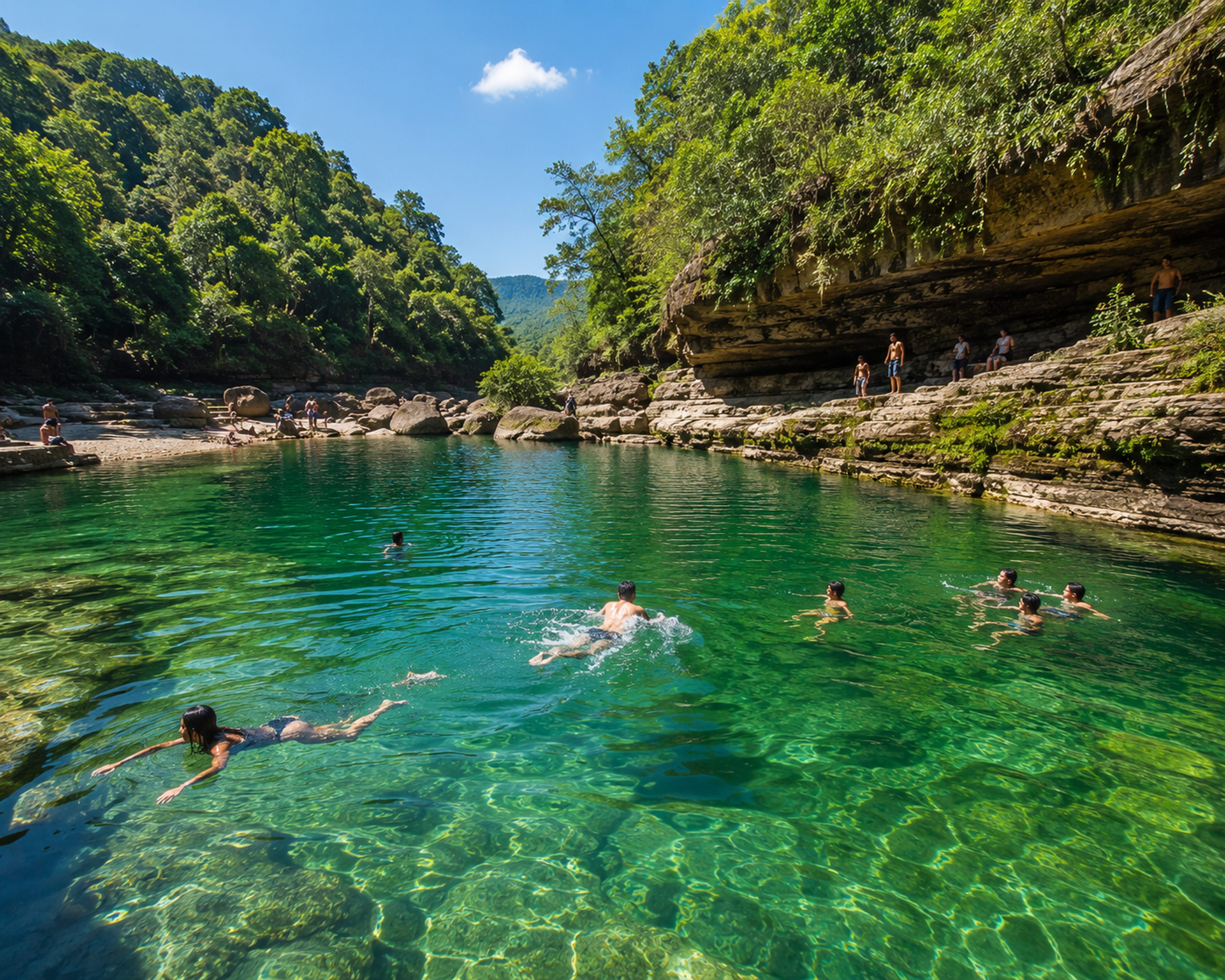 Travelers swimming in a deep jade-green river basin outside a mountain gorge in Meghalaya under bright spring sunlight.