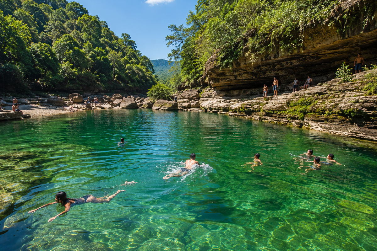 Travelers swimming in a deep jade-green river basin outside a mountain gorge in Meghalaya under bright spring sunlight.