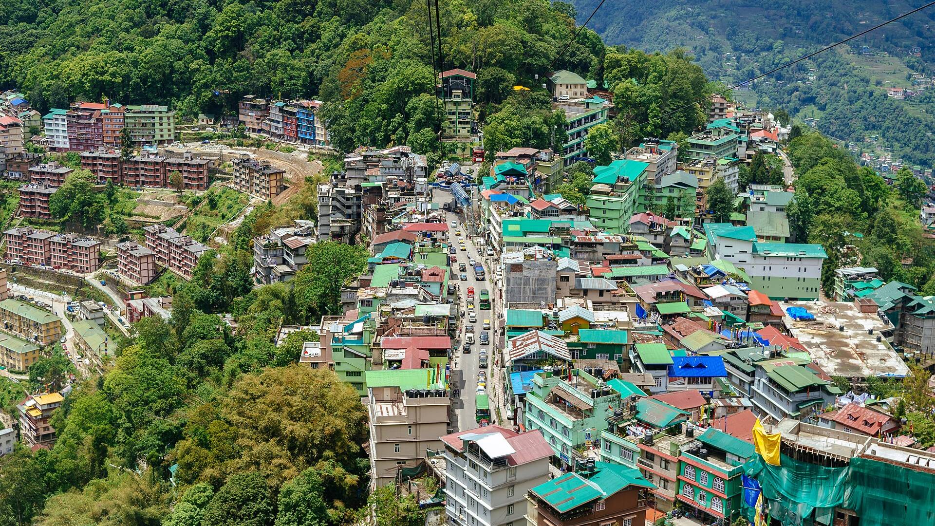 Gangtok town on the hillside seen from the ropeway