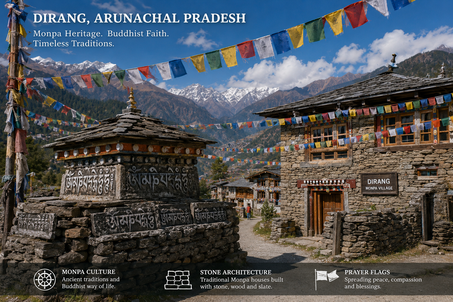 Monpa Buddhist prayer flags and traditional stone architecture in Dirang, Arunachal Pradesh.