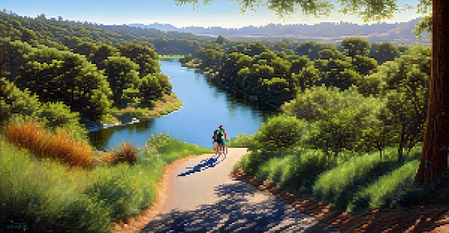 A view of the American River Parkway with a winding trail, cyclists, and joggers alongside a shimmering river, surrounded by green trees.