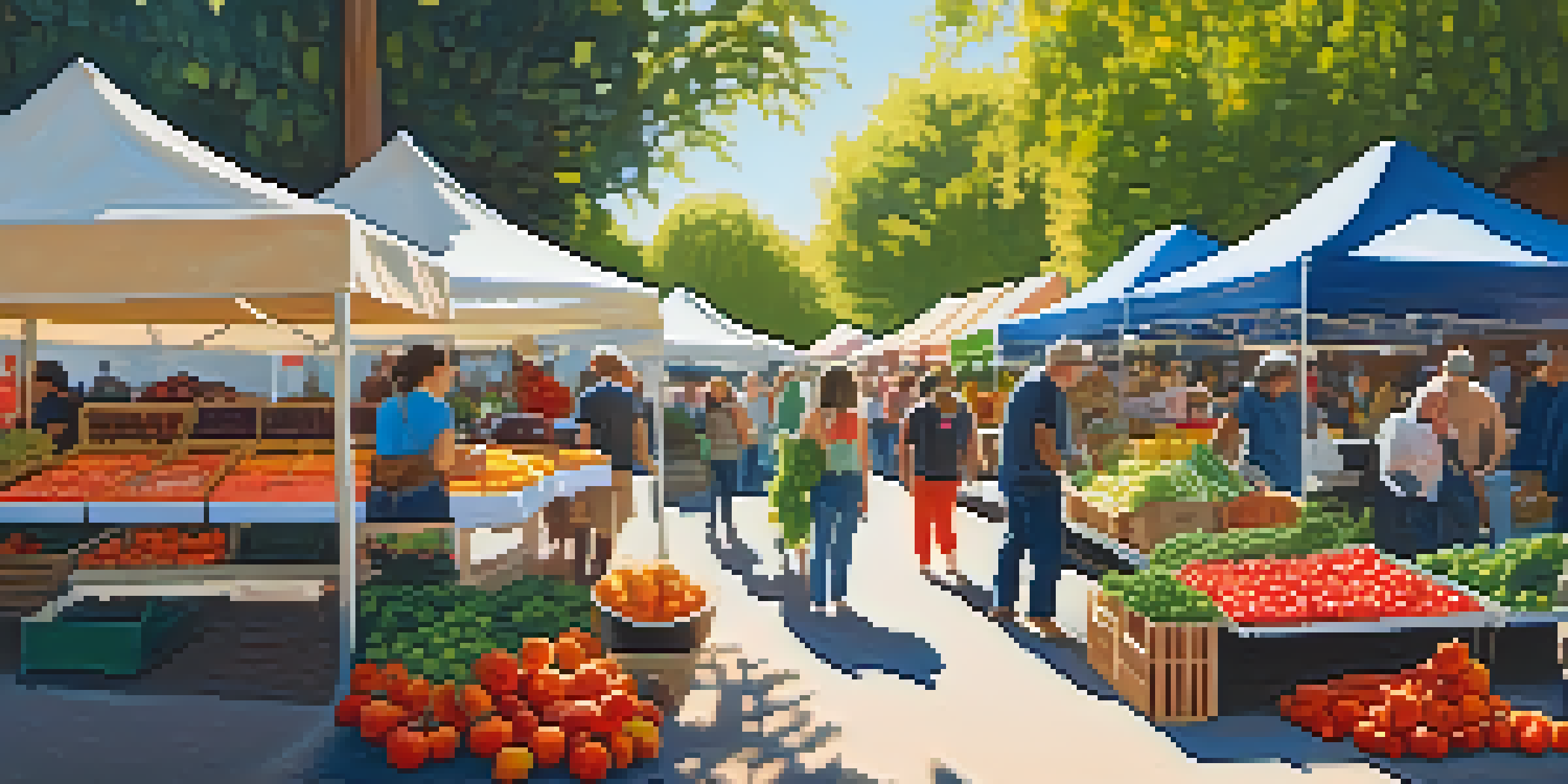 A bustling farmer's market in Sacramento with colorful fruits and vegetables, shoppers using reusable bags, and sunlight filtering through the trees.