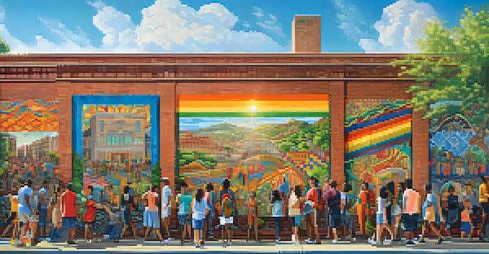 A colorful mural representing the diverse cultures of Sacramento, with people admiring it under warm sunlight.