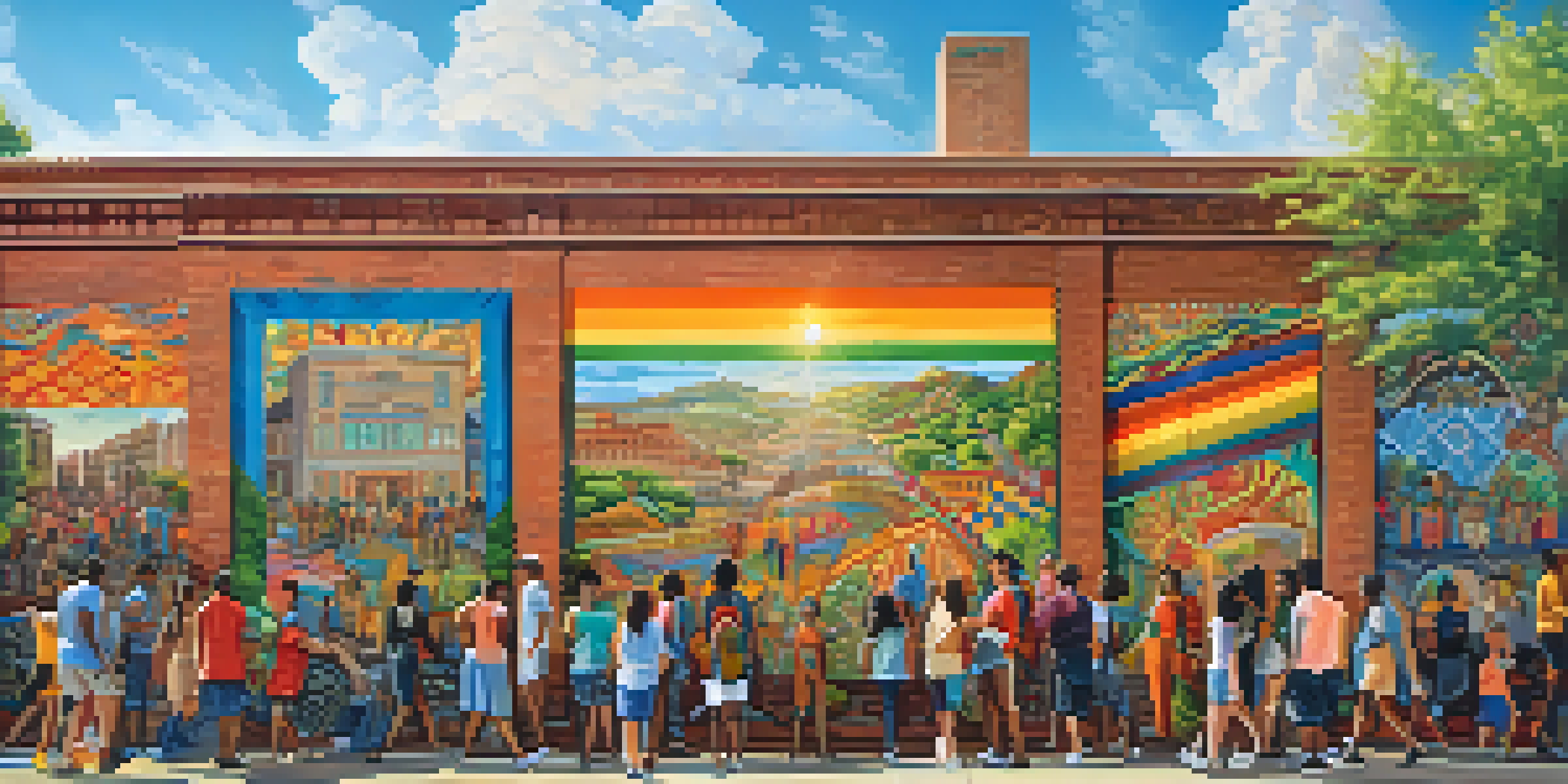 A colorful mural representing the diverse cultures of Sacramento, with people admiring it under warm sunlight.