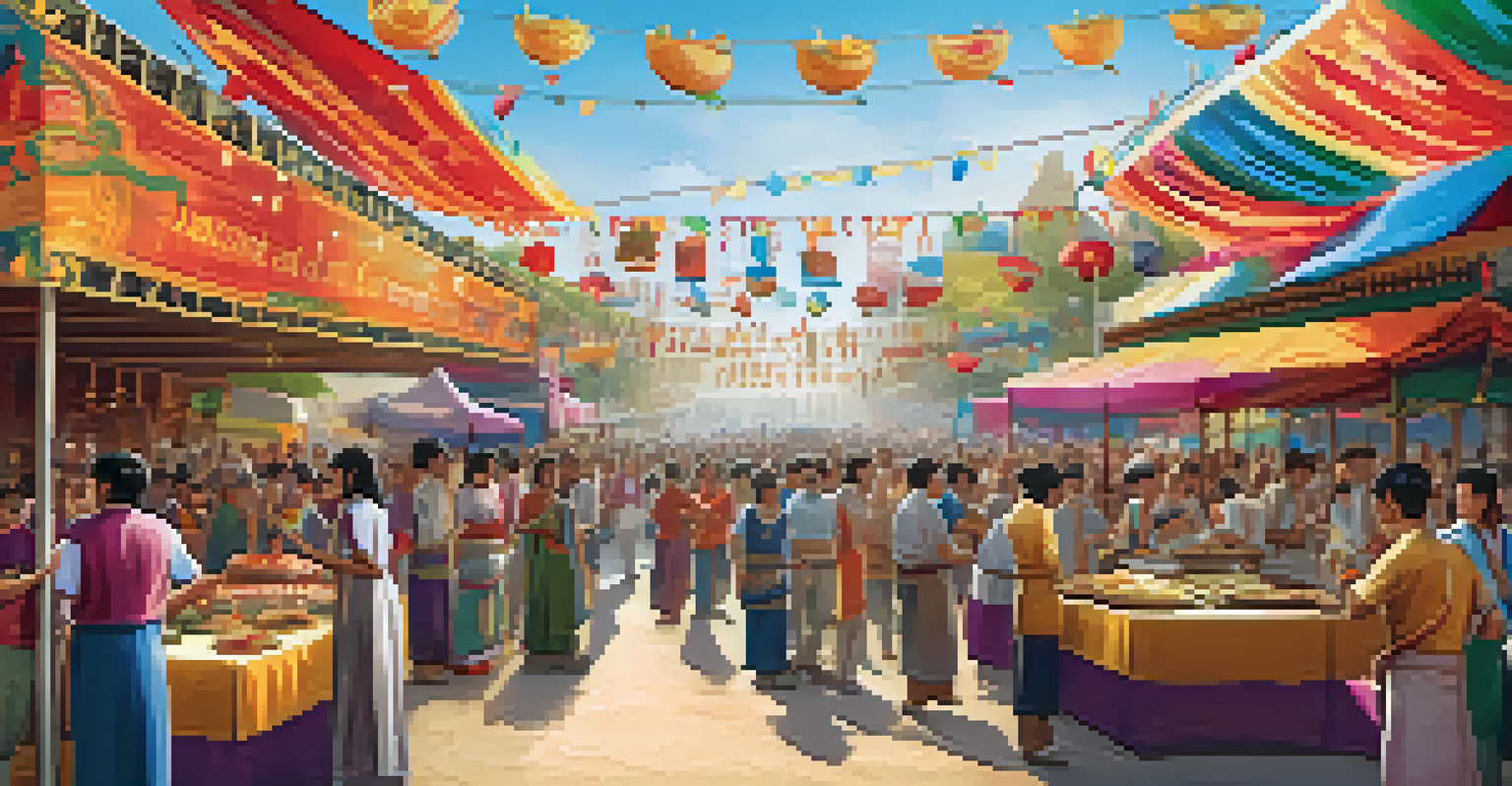 A lively cultural festival with food stalls and diverse attendees enjoying music and food, showcasing a vibrant community atmosphere.