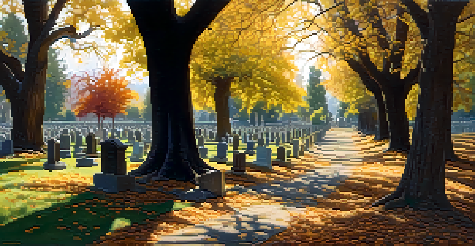 A winding path in a historic cemetery, surrounded by trees and gravestones, with sunlight filtering through leaves, inviting exploration.