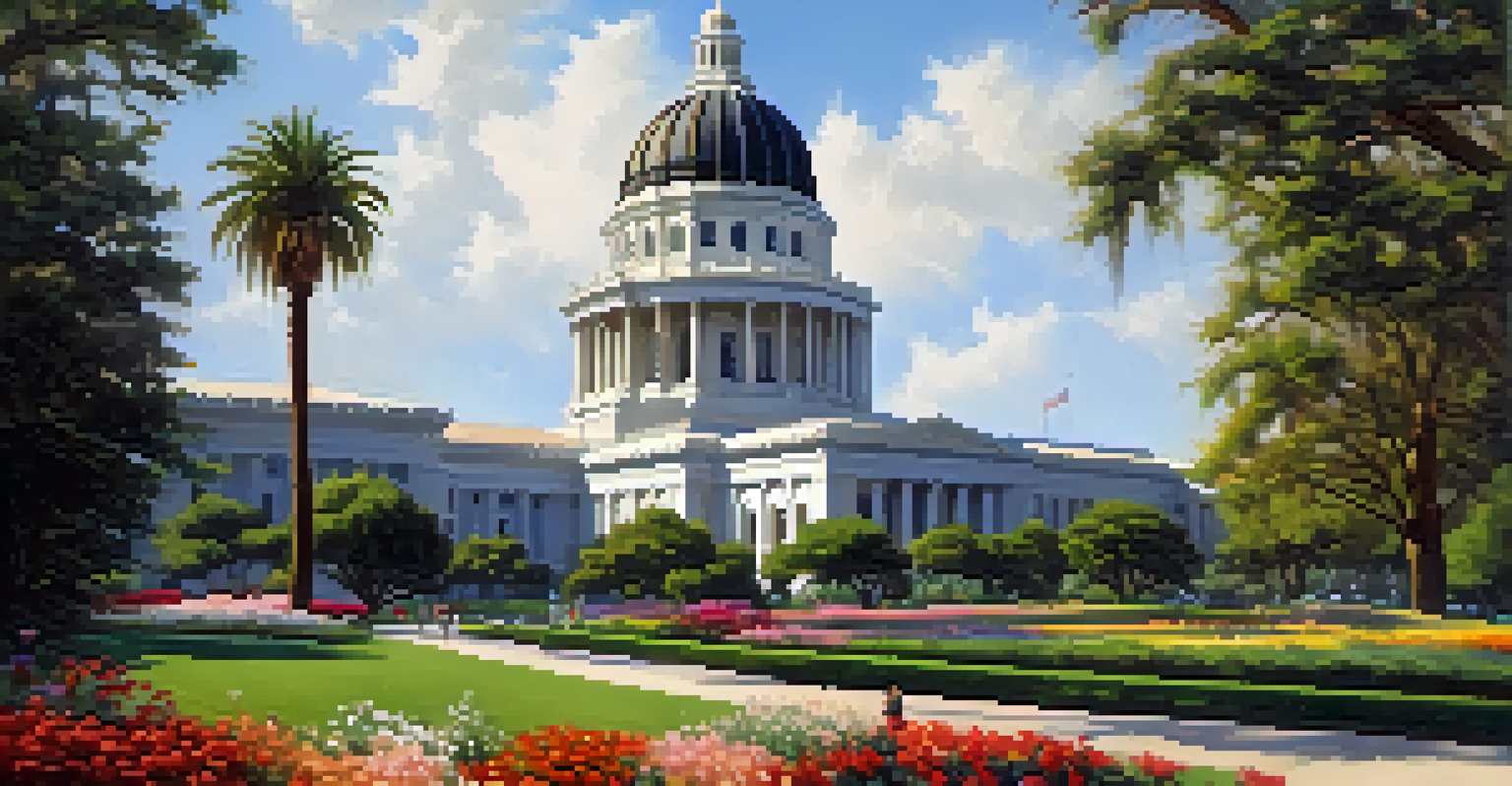 The California State Capitol surrounded by beautiful gardens and flowers, with visitors enjoying the scenery.