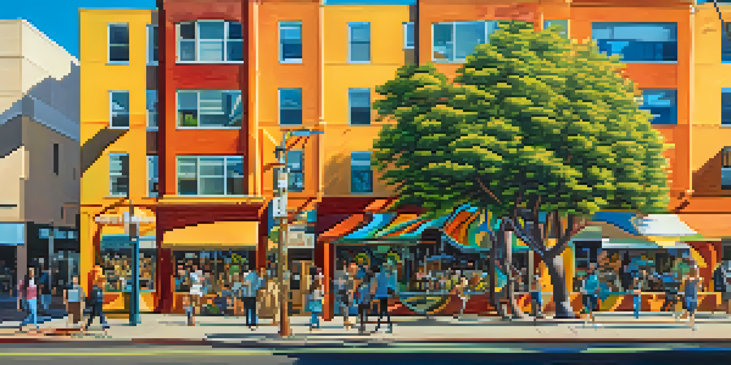 A colorful mural on a building in Sacramento, with pedestrians admiring the artwork in a sunny street scene.