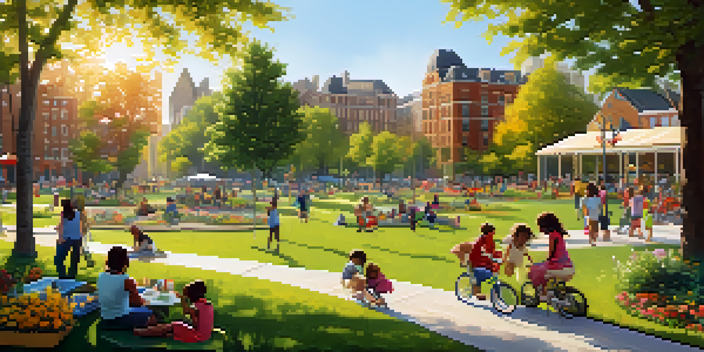 A lively urban park with people picnicking, children playing, and colorful flowers under warm sunlight.