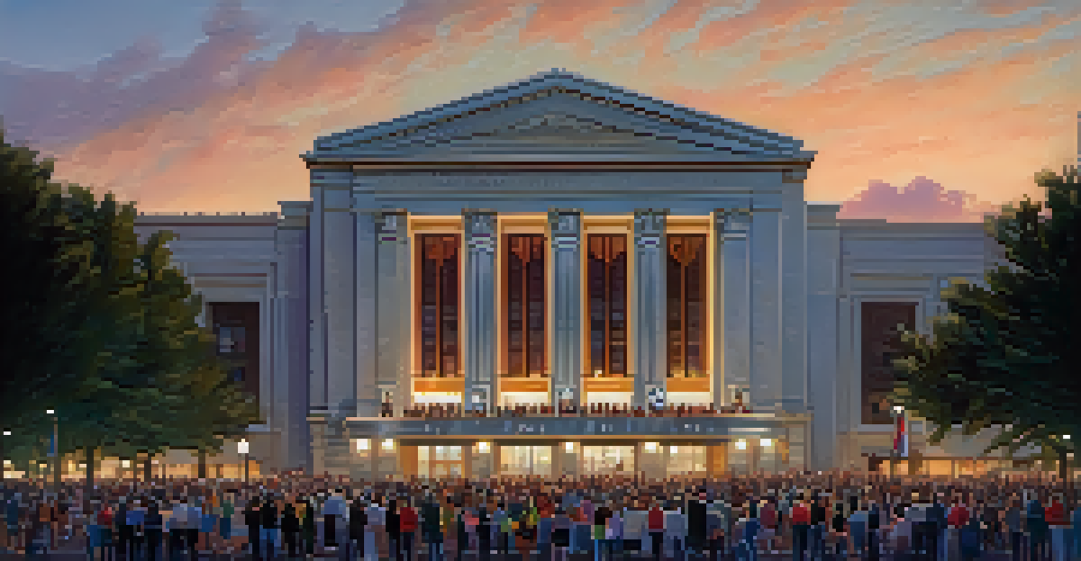 Exterior of the Memorial Auditorium at dusk, with illuminated architecture and a crowd gathered in front.