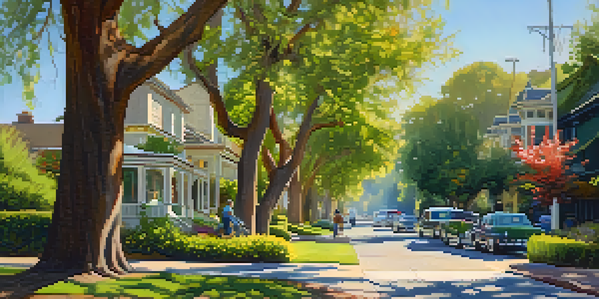 A scenic view of Land Park, showcasing tree-lined streets and historic homes with people walking their dogs and blooming gardens.