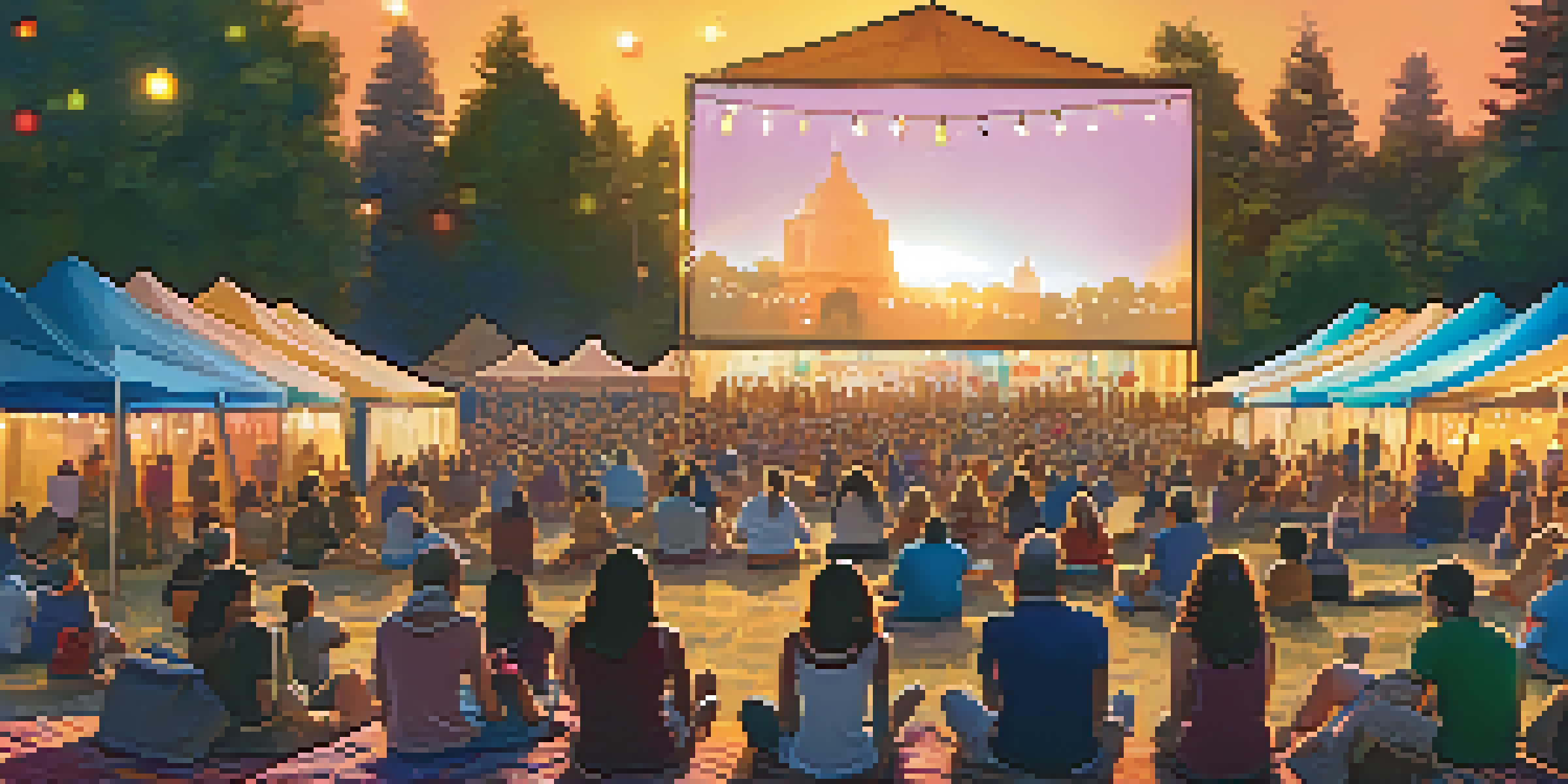 A lively outdoor film festival in Sacramento with a diverse audience enjoying the event under colorful tents and warm sunset lighting.