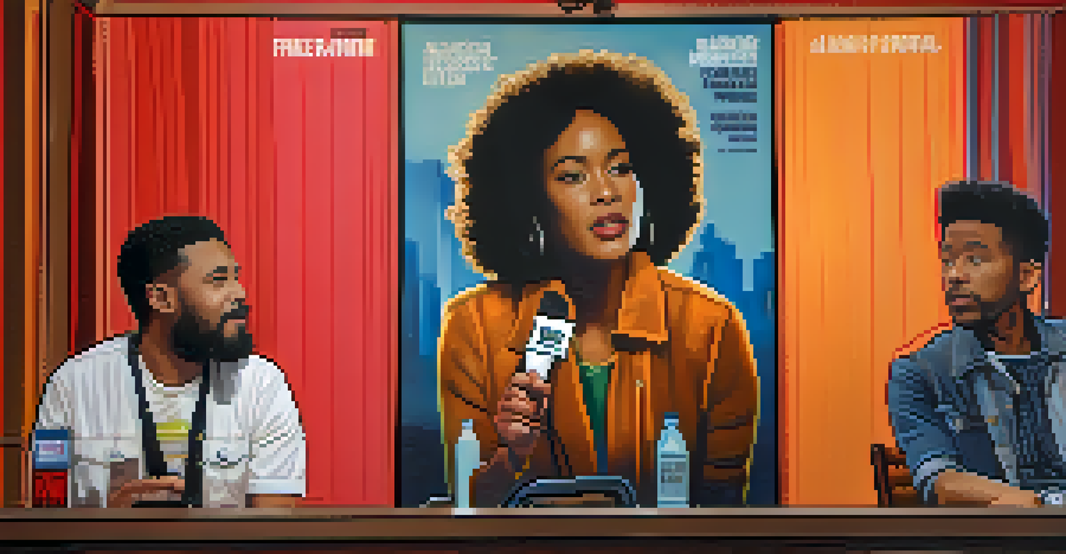 A local filmmaker speaking passionately at a film festival panel, surrounded by festival posters and an engaged audience.