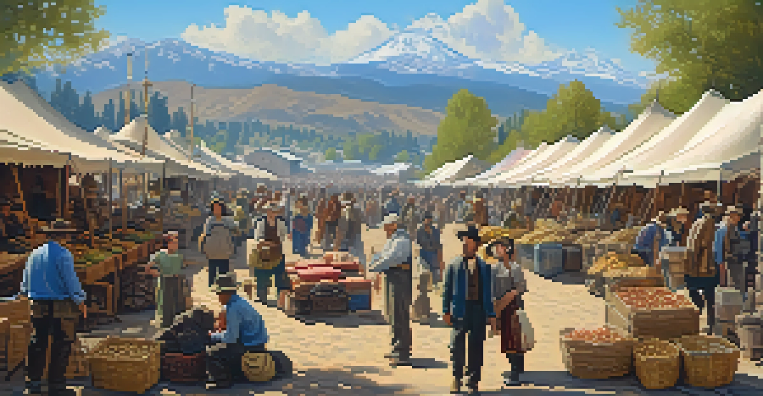 A lively Gold Rush marketplace with miners and families, colorful tents, and mountains in the background.
