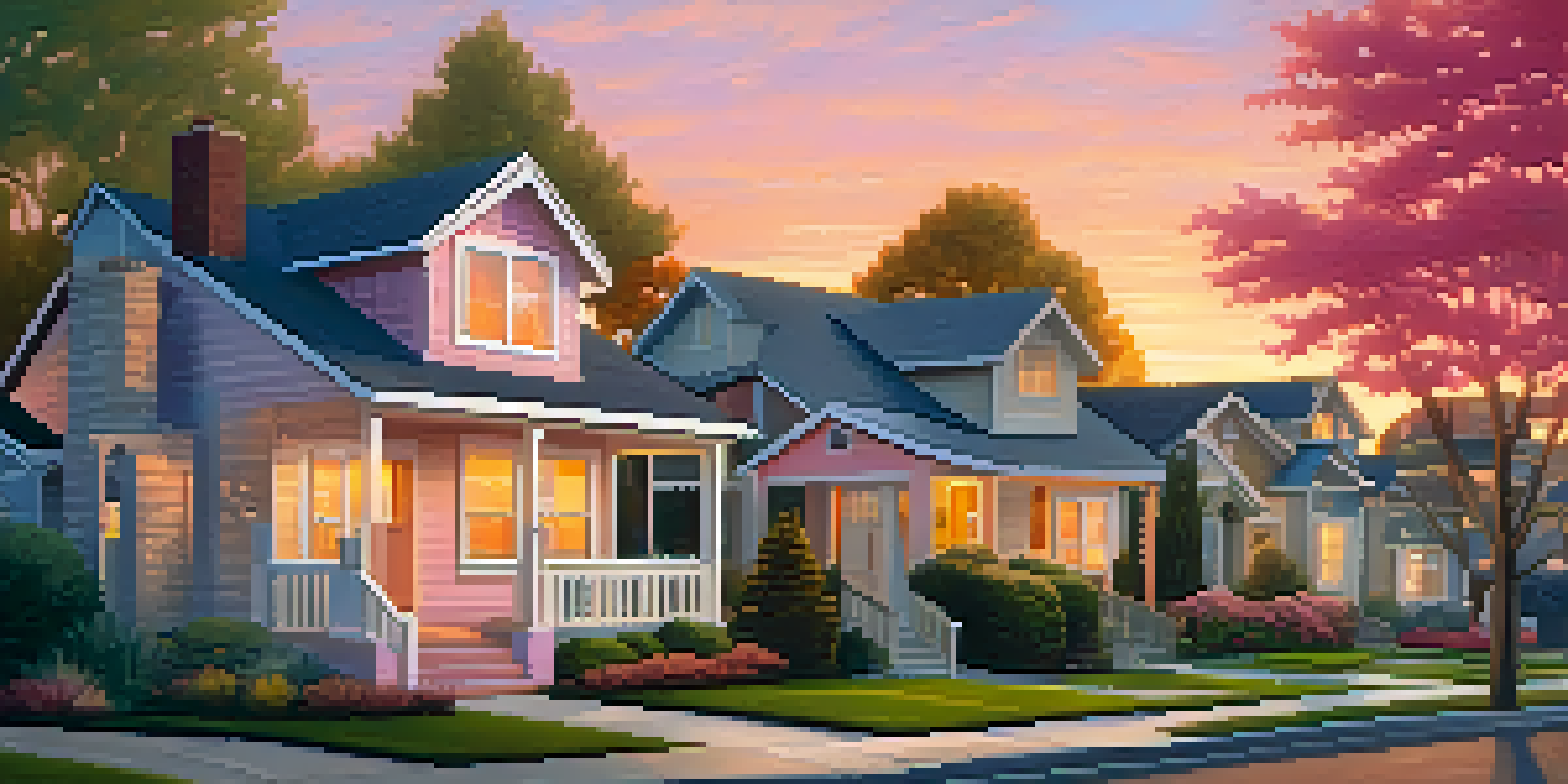 A peaceful suburban neighborhood with various homes and families enjoying outdoor activities during sunset.