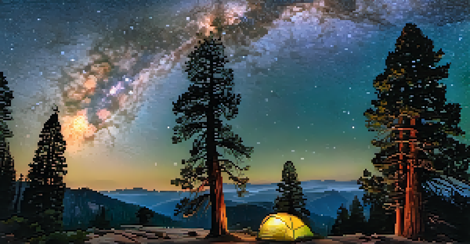 A starry night sky over Sequoia National Park with the General Sherman Tree illuminated by moonlight.