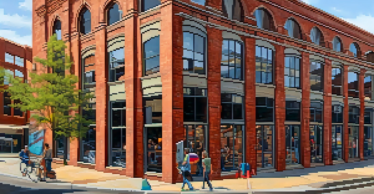 A dynamic view of the Brick Warehouse District in Sacramento, showcasing artists and vibrant murals on repurposed industrial buildings.