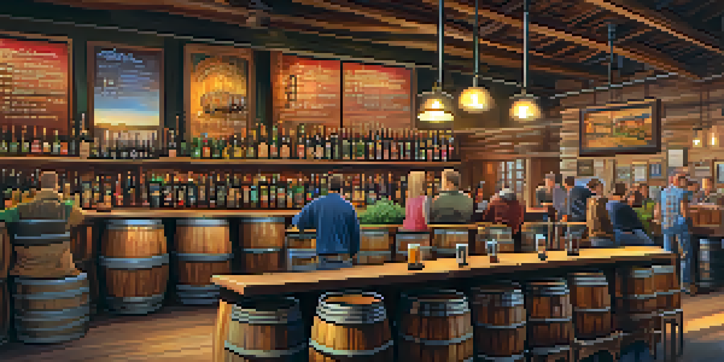 An interior view of a bustling Sacramento brewery with wooden barrels, brewing equipment, and patrons enjoying craft beers.