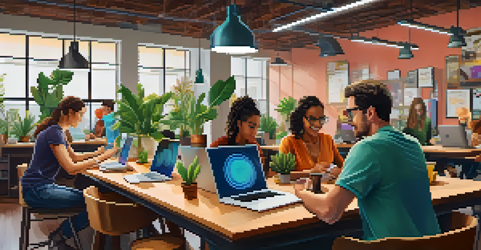 A close-up of hands typing on laptops in a co-working space, with coffee cups and a lively backdrop of plants and decor.