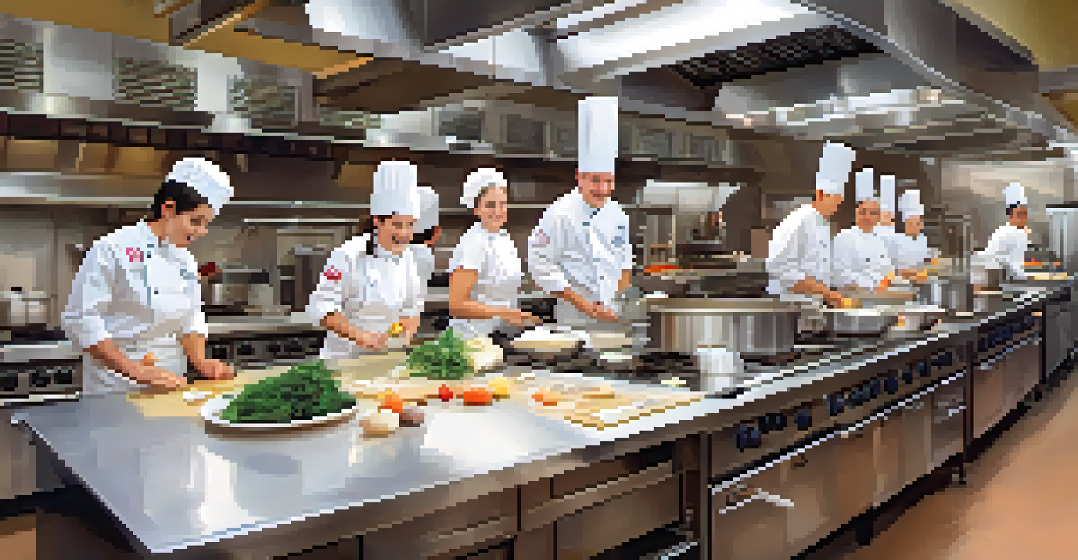 Students in chef uniforms joyfully cooking in a professional culinary kitchen, surrounded by fresh ingredients and cooking tools.
