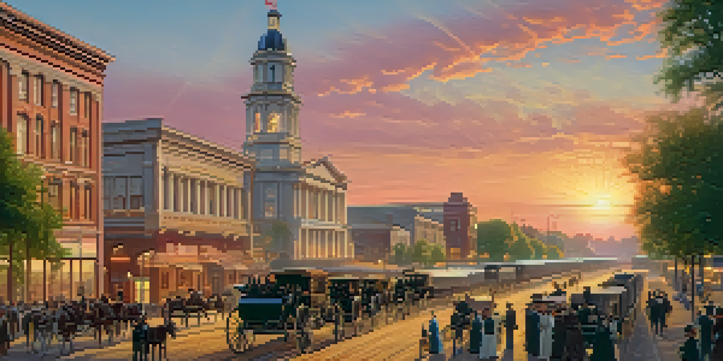 A historical view of Sacramento in the late 1800s, featuring horse-drawn carriages and people in period clothing with a sunset backdrop.