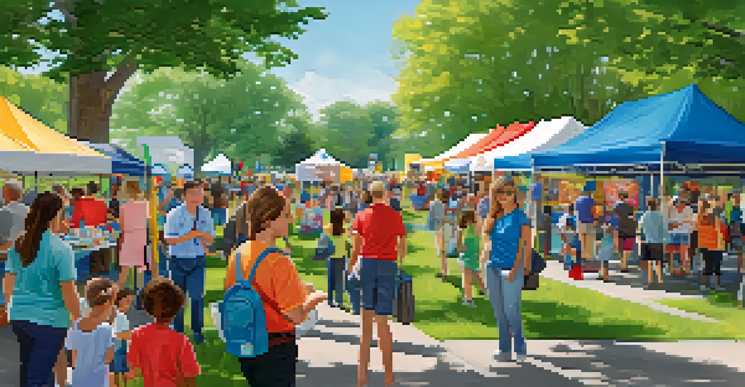 An outdoor disaster preparedness fair in a park, featuring families and children at booths with emergency kits and informational displays.