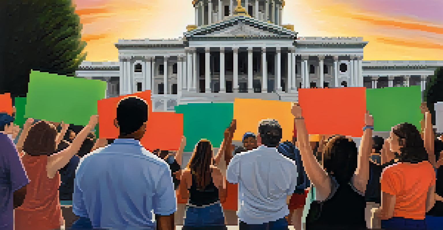 A diverse group of activists with signs in front of the Capitol, illuminated by the warm glow of the sunset.