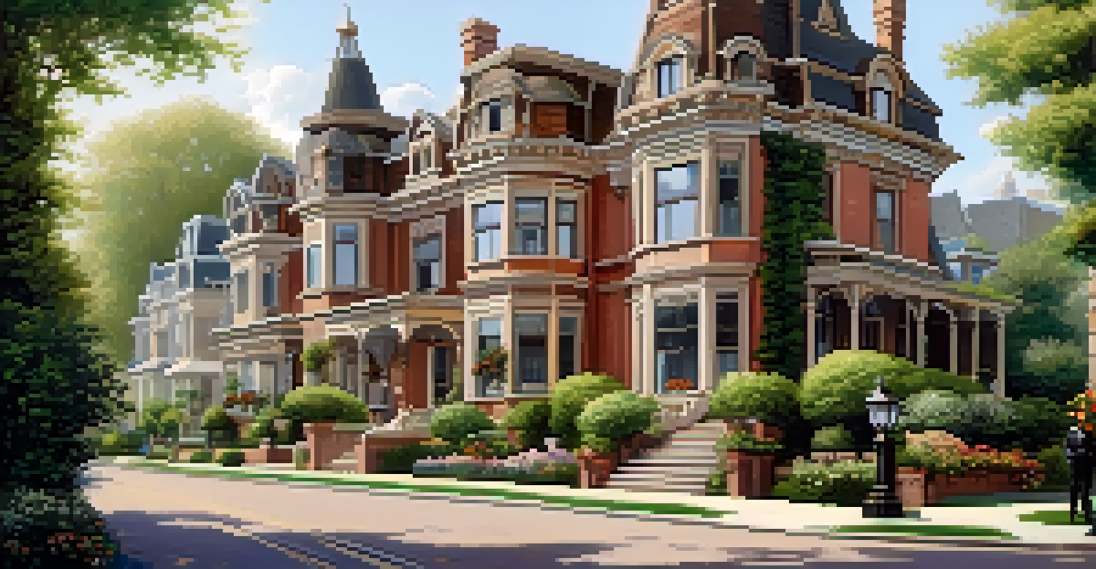 A charming street in Mansion Flat with Victorian mansions and blooming flowers.