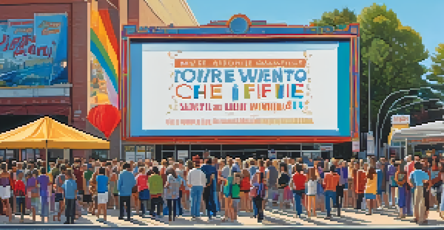 A community gathering outside a theater during a Sacramento film festival, with diverse people discussing films and a large screen showing a movie trailer.